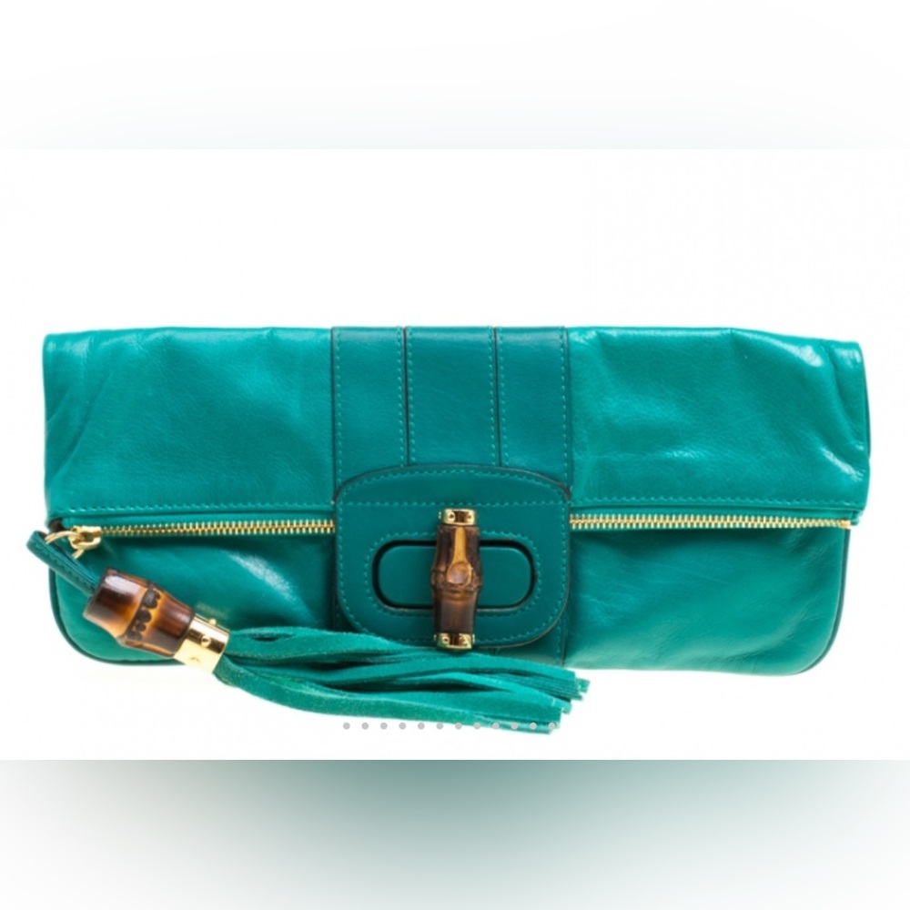 Gucci Green Leather Bamboo Detail Tassel Lucy Fold Over Clutch
